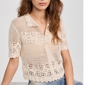 THE GREAT The Crochet Polo Top in Natural